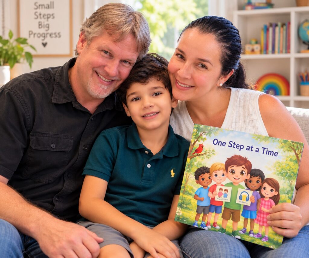 Blake sitting between his parents while his mother Bia holds her book